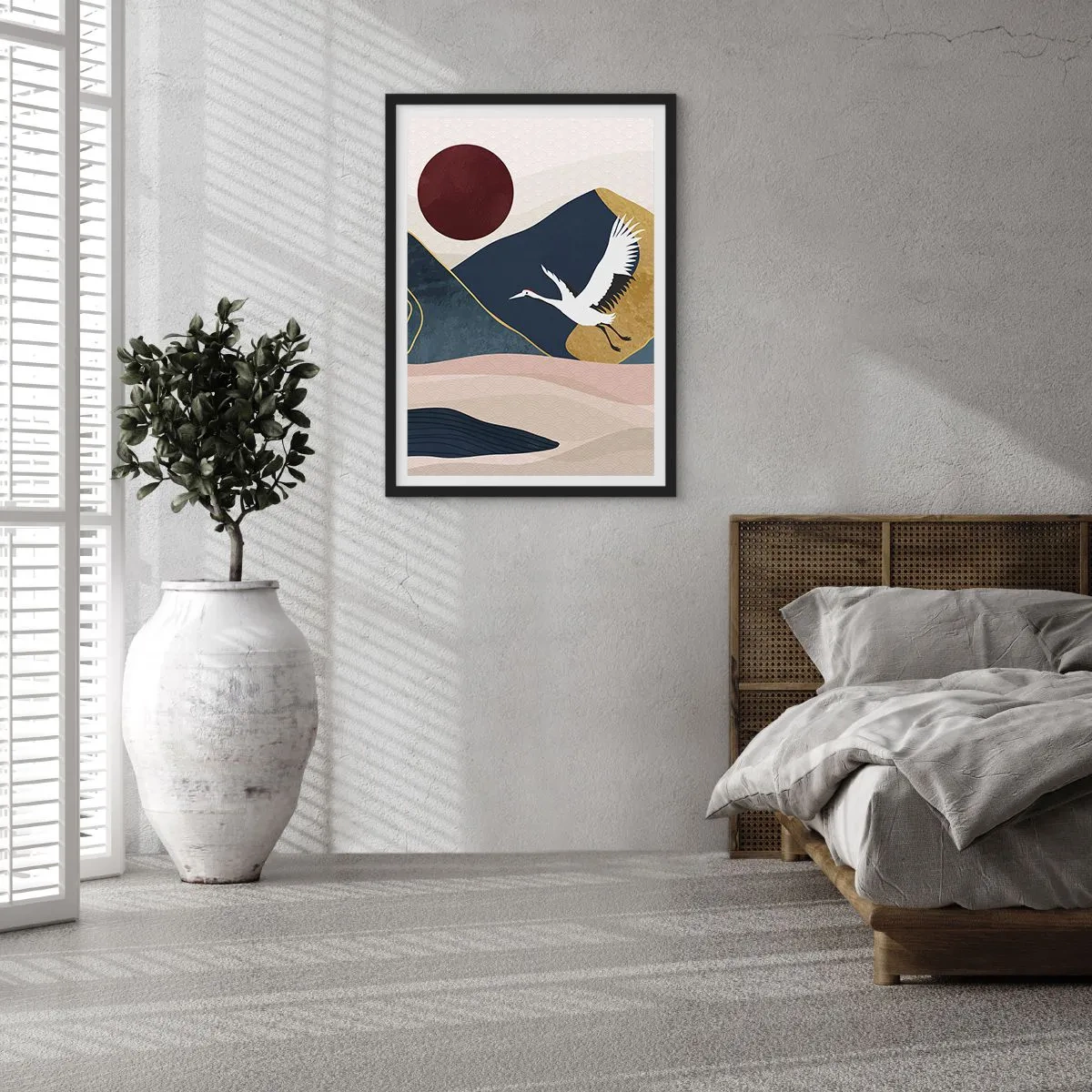 Plakat w czarnej ramie - Minimalistyczna grafika z żurawiem i górskim krajobrazem - 50x70cm - I znowu ZLECIAŁ dzień - Nowoczesna dekoracja ścienna do salonu i sypialni ARTTOR