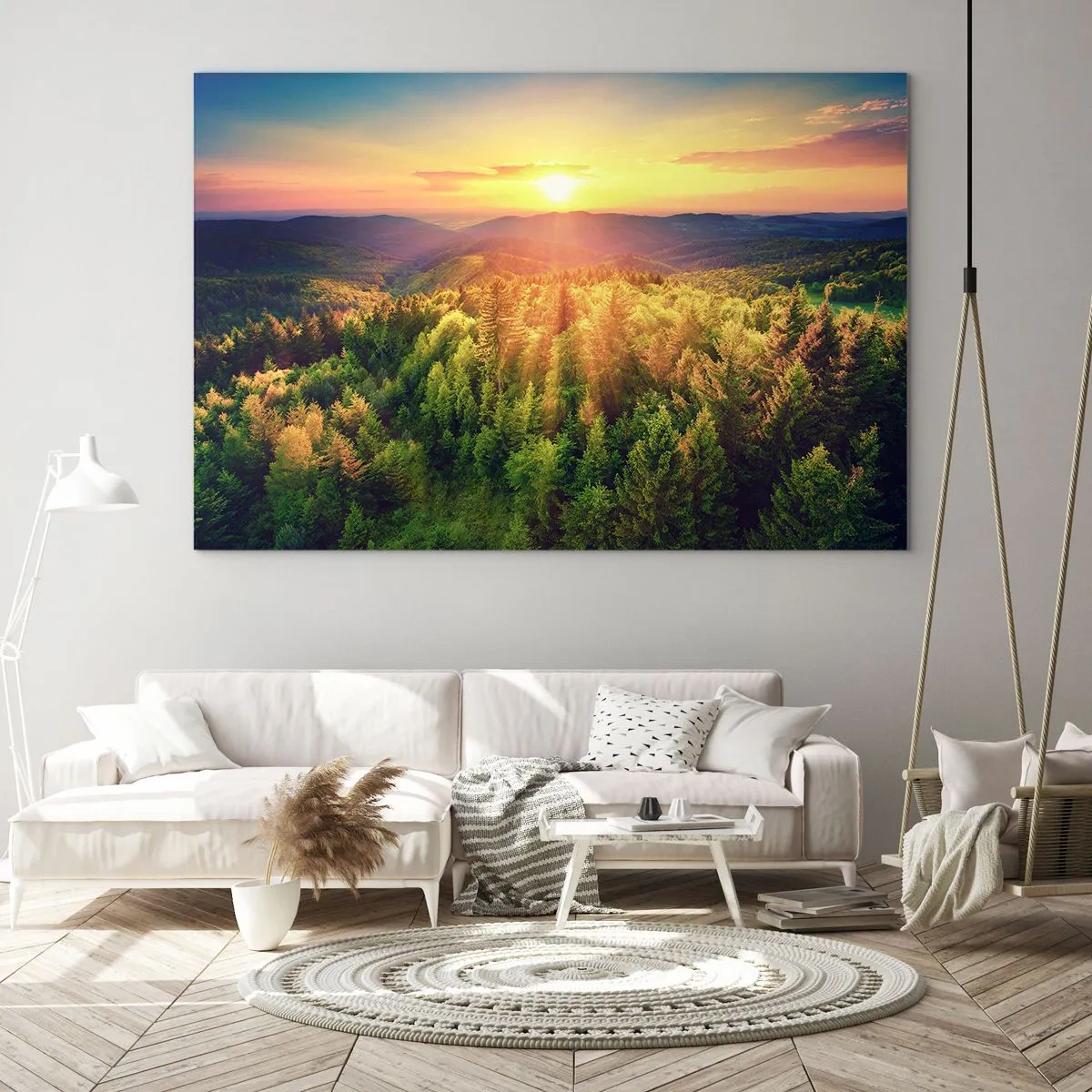 Obraz na szkle - Zachód słońca nad górskim lasem z widokiem na doliny - 120x80cm - Wierzchołki i szczyty - Nowoczesna dekoracja ścienna do salonu, kuchni i sypialni ARTTOR