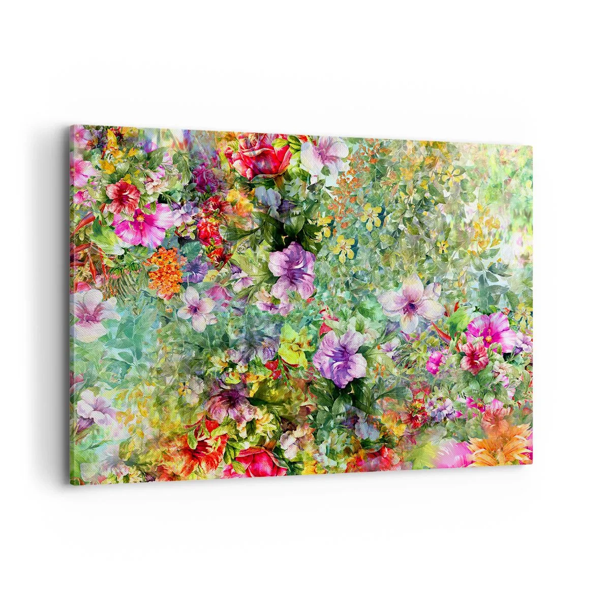 Obraz na płótnie - Kolorowa kompozycja kwiatów na zielonym tle - 100x70cm - W kwiaty na zatracenie - Nowoczesna dekoracja ścienna do salonu, kuchni i sypialni ARTTOR
