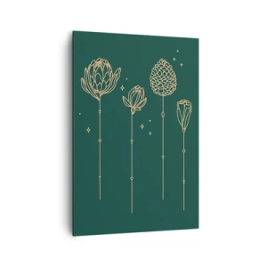 Obraz na płótnie - Złote rysunki ziół na tle ciemnozielonym - 70x100cm - Rodzina ZIÓŁkowskich - Nowoczesna dekoracja ścienna do salonu i sypialni ARTTOR