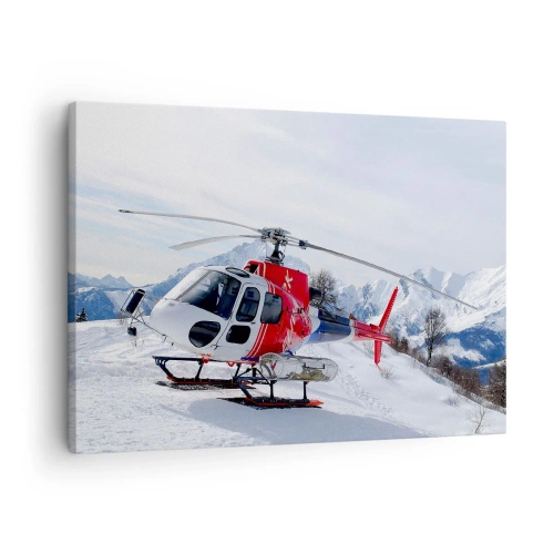 Obraz na płótnie - Czerwony helikopter na śnieżnym tle z górskim krajobrazem - 70x50cm - Zawsze gotowy - Nowoczesna dekoracja ścienna do salonu i sypialni ARTTOR