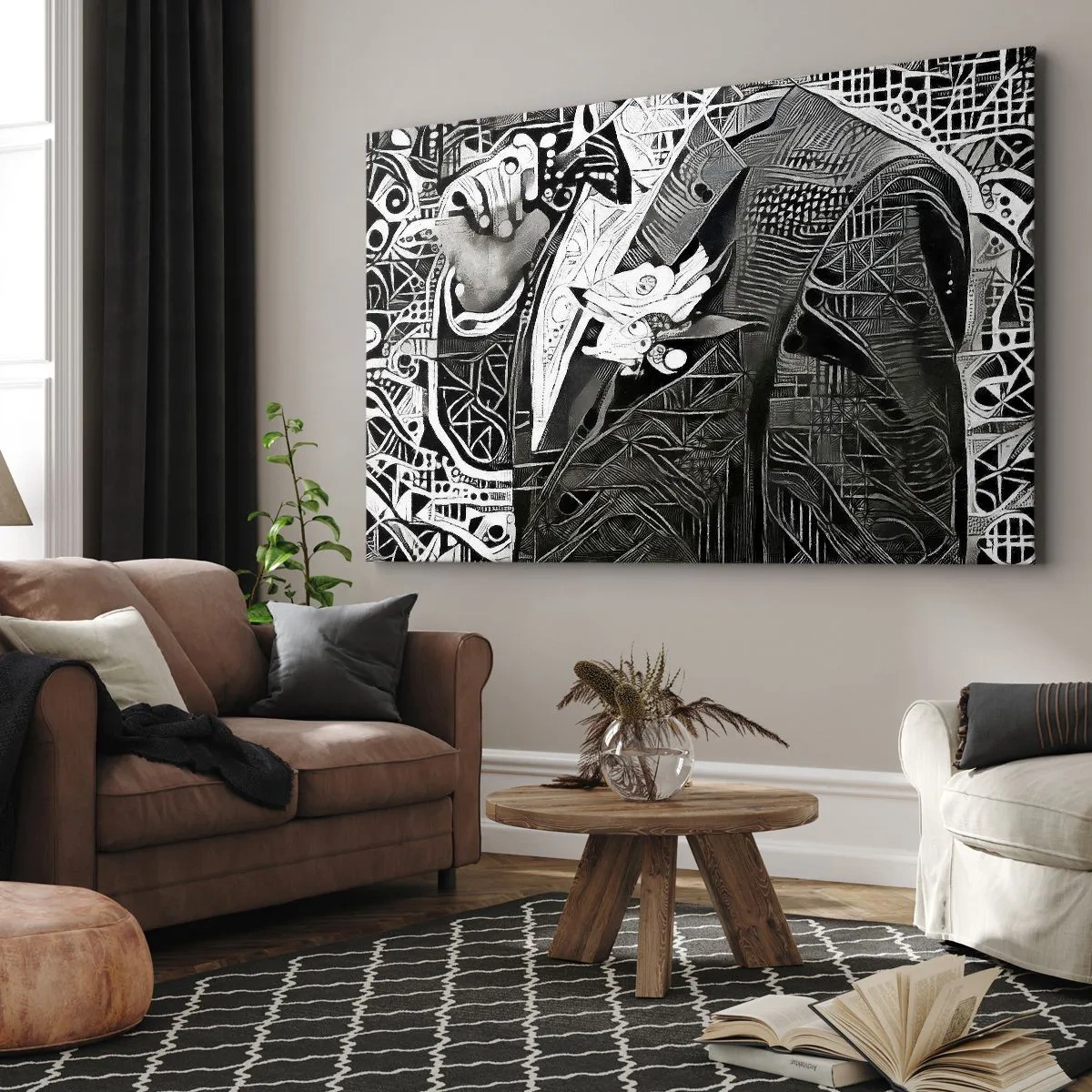 Obraz na płótnie - Elegancka abstrakcja z mężczyzną w garniturze w czerni i bieli - 120x80cm - Tylko na pozór szary człowiek - Nowoczesna dekoracja ścienna do salonu, kuchni i sypialni ARTTOR