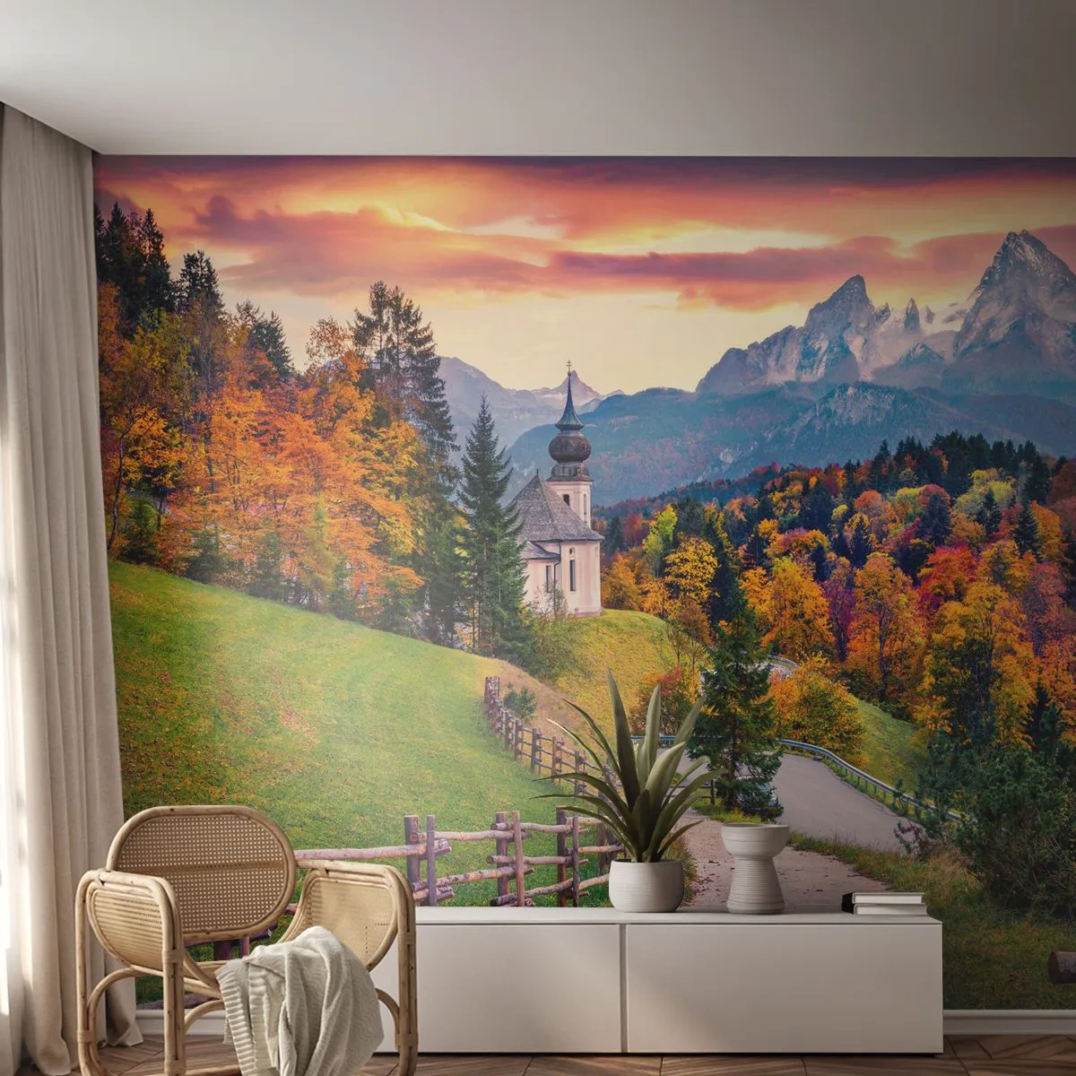 Fototapeta Premium Sand - Jesienny krajobraz górski z kościołem i ścieżką - 100x70cm - Pejzaż jak malowanie - Nowoczesna dekoracja ścienna do salonu, kuchni i sypialni ARTTOR