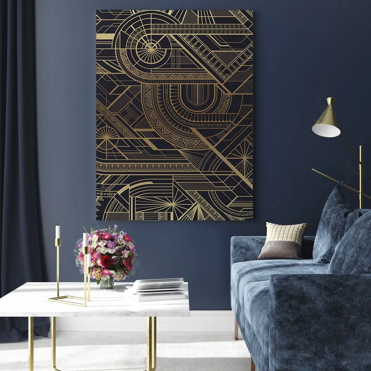 Obraz na szkle - Złote geometryczne wzory na czarnym tle w stylu art deco - 80x120cm - Koncepty, idee, plany - Nowoczesna dekoracja ścienna do salonu i sypialni ARTTOR