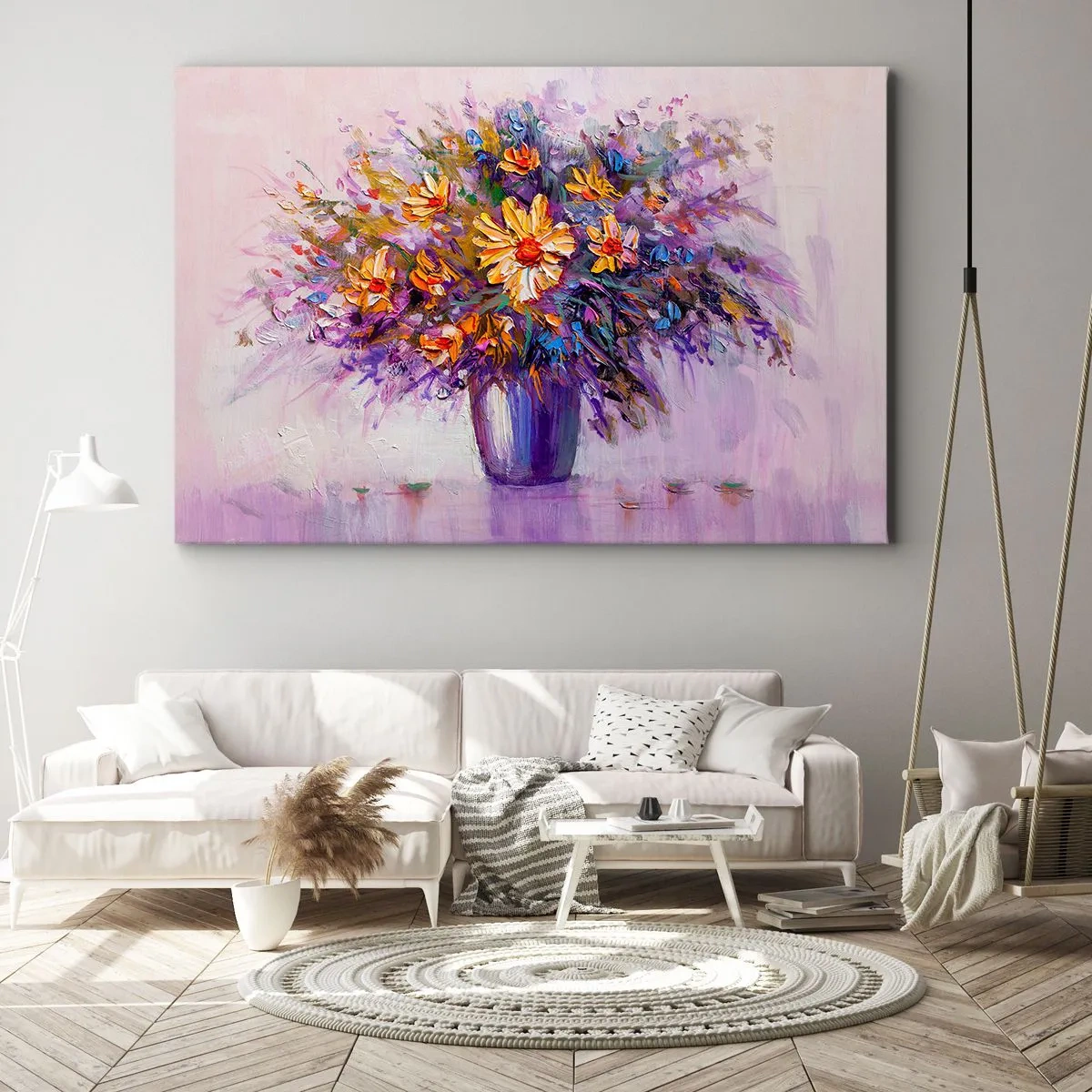 Obraz na płótnie - Bukiet kwiatów w wazonie na pastelowym tle - 70x50cm - Słodko pachnie, słodko wygląda - Nowoczesna dekoracja ścienna do salonu i sypialni ARTTOR