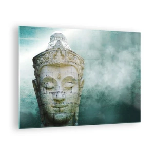 Obraz na szkle - Posąg Buddy w mistycznej atmosferze - 70x50cm - Poszukując światła - Nowoczesna dekoracja ścienna do salonu i sypialni ARTTOR