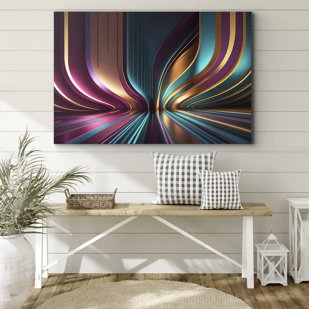 Obraz na płótnie - Futurystyczna abstrakcja z intensywnymi kolorami i krzywiznami - 70x50cm - Architektura światła - Nowoczesna dekoracja ścienna do salonu i sypialni ARTTOR