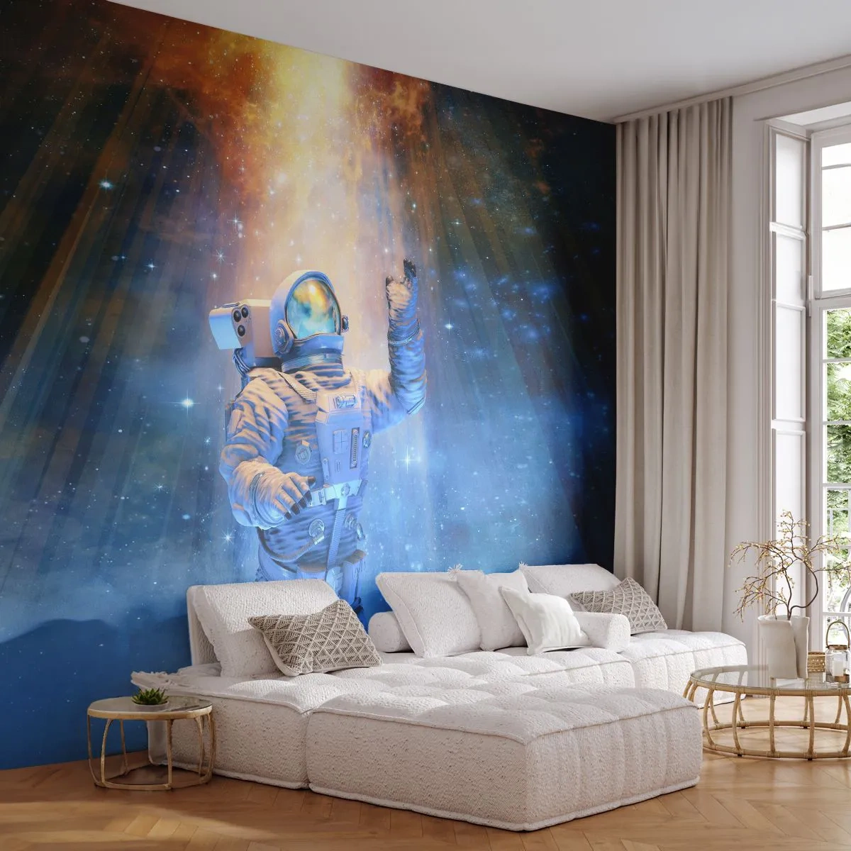 Fototapeta Premium Sand - Astronauta w przestrzeni kosmicznej otoczony świetlistą aurą - 100x70cm - Wreszcie u celu - Nowoczesna dekoracja ścienna do salonu, kuchni i sypialni ARTTOR