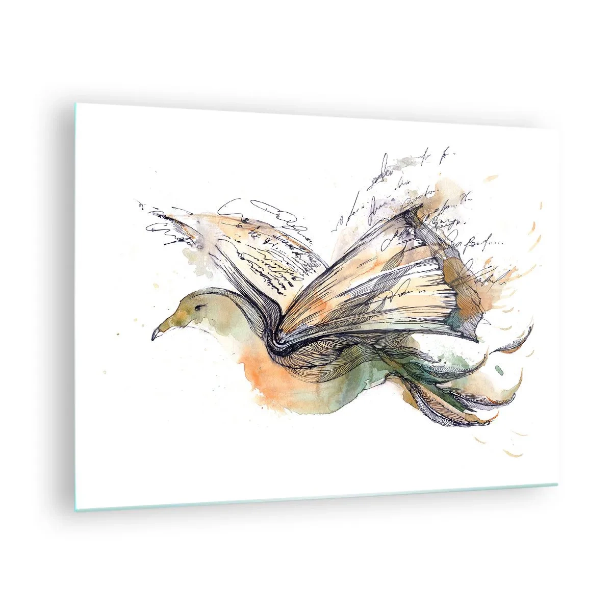 Obraz na szkle - Ptak z rozwiniętej książki, artystyczna metafora wiedzy - 70x50cm - Na skrzydłach poezji - Nowoczesna dekoracja ścienna do salonu i sypialni ARTTOR