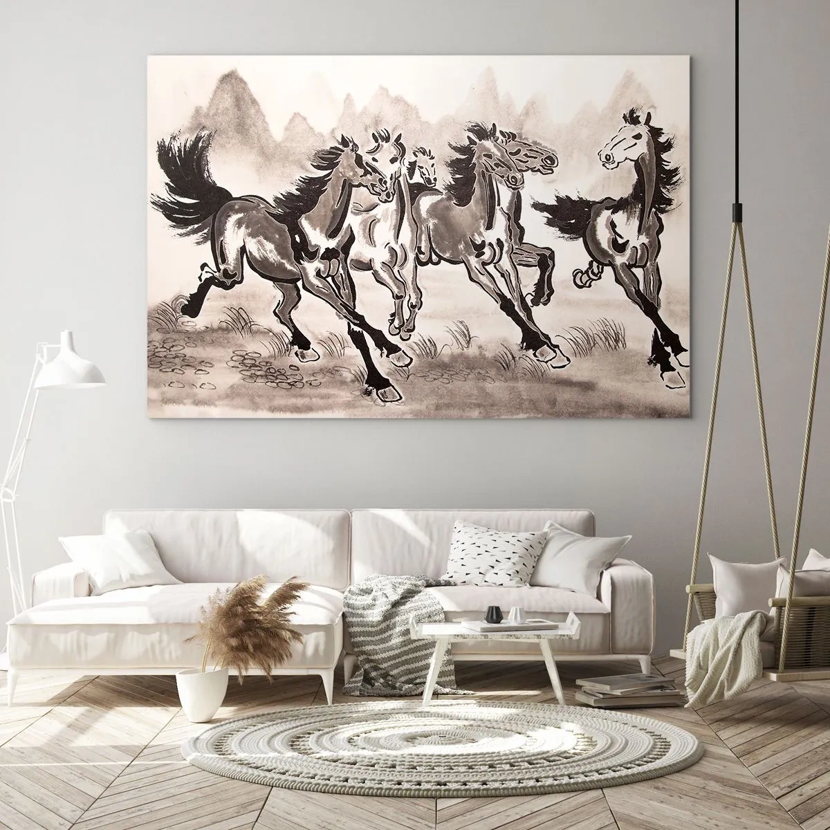 Obraz na szkle - Grupa galopujących koni w stylu chińskim - 70x50cm - W radosnym galopie - Nowoczesna dekoracja ścienna do salonu i sypialni ARTTOR