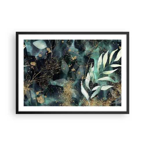 Plakat w czarnej ramie - Eleganckie liście na ciemnym tle z złotymi akcentami - 70x50cm - Zaczarowany ogród - Nowoczesna dekoracja ścienna do salonu i sypialni ARTTOR