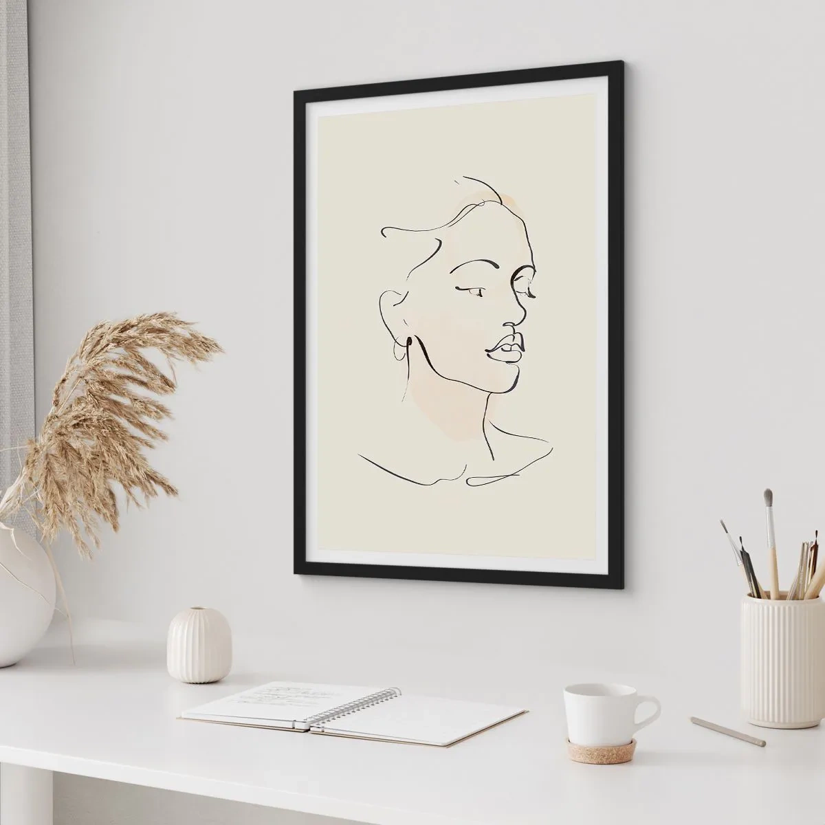 Plakat w czarnej ramie - Portret kobiety w minimalistycznym stylu line art - 50x70cm - Pewną kreską - Nowoczesna dekoracja ścienna do salonu i sypialni ARTTOR
