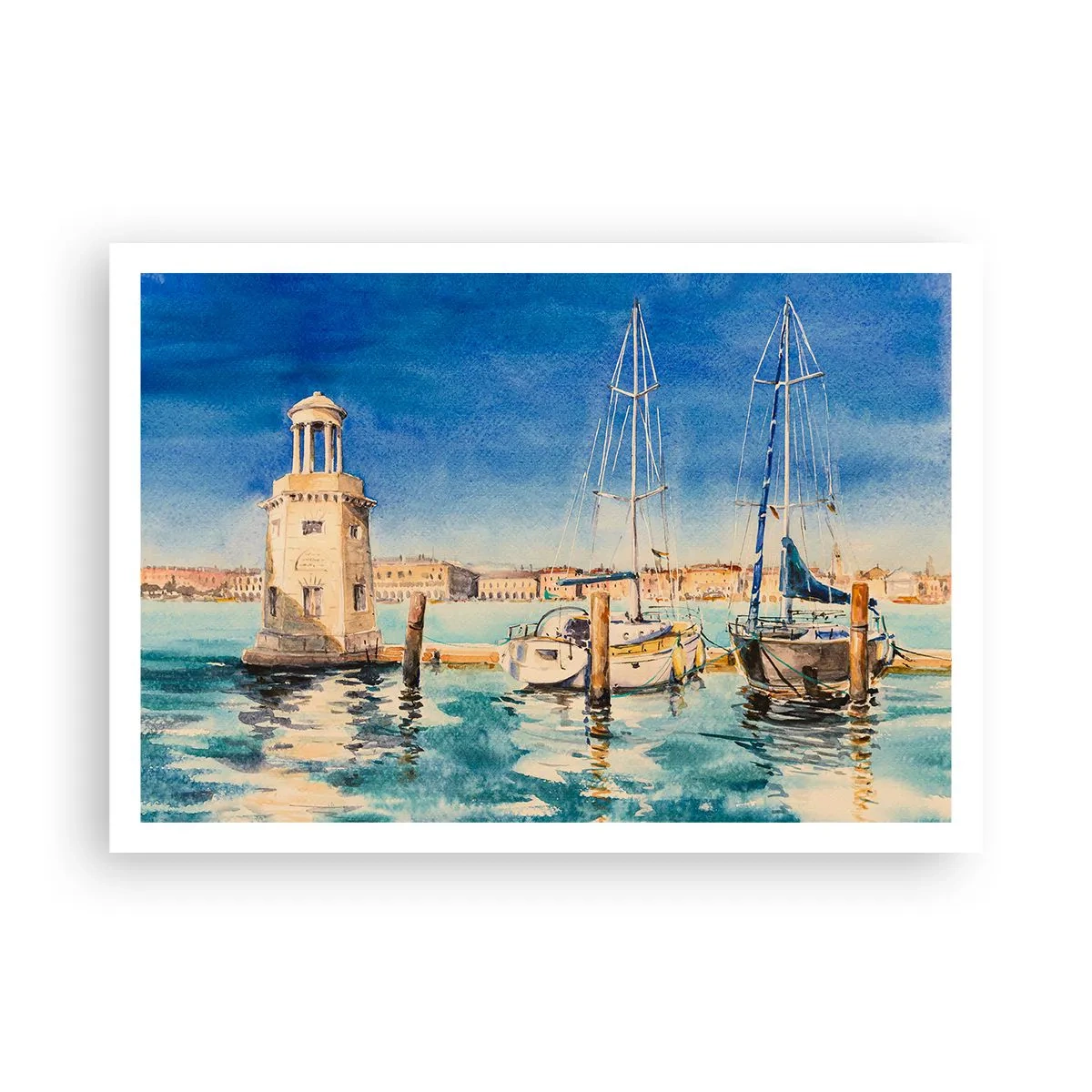 Plakat - Marina z łodziami na tle błękitnej laguny - 100x70cm - Słoneczna laguna - Nowoczesna dekoracja ścienna do salonu i sypialni ARTTOR