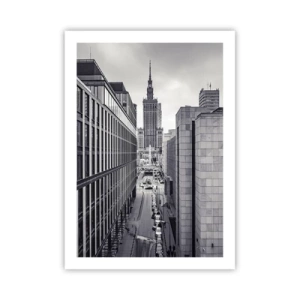 Plakat - Widok Pałacu Kultury i Nauki w Warszawie w szarościach - 50x70cm - Warszawska dolina - Nowoczesna dekoracja ścienna do salonu, kuchni i sypialni ARTTOR