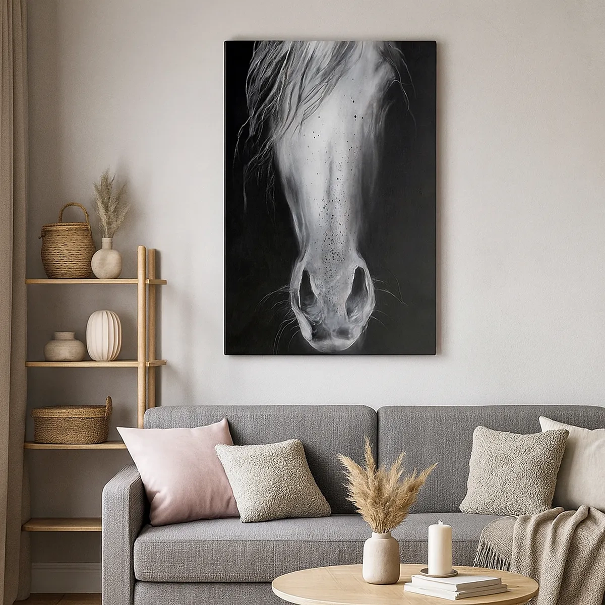 Obraz na płótnie - Monochromatyczny portret końskiego pyska w artystycznym ujęciu na czarnym tle - 50x70cm - Uwodzicielskie spojrzenie - Nowoczesna dekoracja ścienna do salonu, kuchni i sypialni ARTTOR