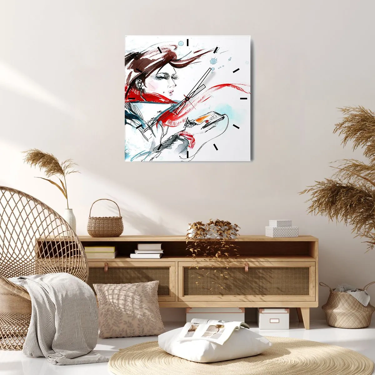 Zegar ścienny - Kobieta w czerwonym szaliku z dynamicznymi pociągnięciami akwareli - 30x30cm - Coś we mnie gra - Nowoczesna dekoracja ścienna do salonu i sypialni ARTTOR
