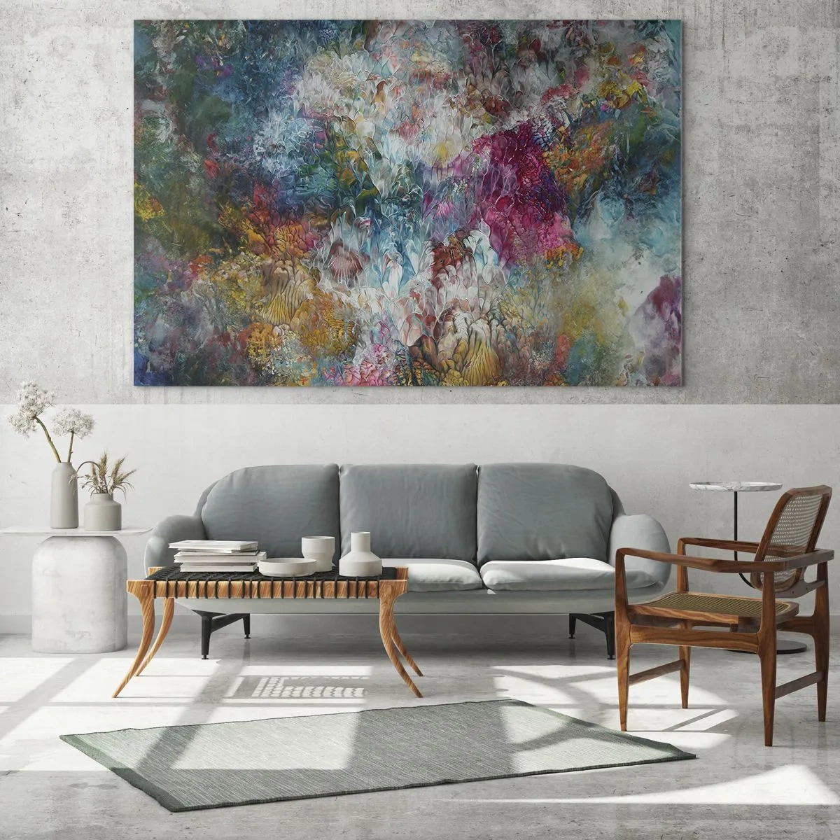 Obraz na szkle - Abstrakcyjna kompozycja kolorowych kwiatów w intensywnych barwach - 120x80cm - W pełnym rozkwicie - Nowoczesna dekoracja ścienna do salonu, kuchni i sypialni ARTTOR