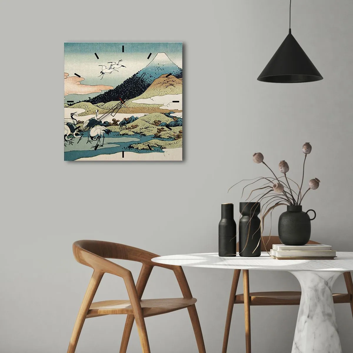Zegar ścienny - Tradycyjna japońska grafika z górami i żurawiami - 30x30cm - W japońskim duchu - Nowoczesna dekoracja ścienna do salonu i sypialni ARTTOR