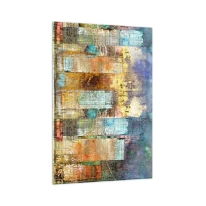 Obraz na szkle - Abstrakcyjne wieżowce w industrialnej stylistyce - 80x120cm - Słoneczna metropolia - Nowoczesna dekoracja ścienna do salonu i sypialni ARTTOR