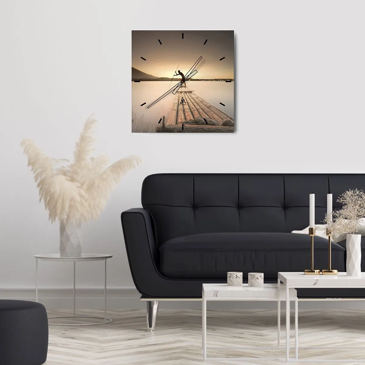 Zegar ścienny - Człowiek na tratwie o zachodzie słońca - 30x30cm - Przed spoczynkiem - Nowoczesna dekoracja ścienna do salonu i sypialni ARTTOR