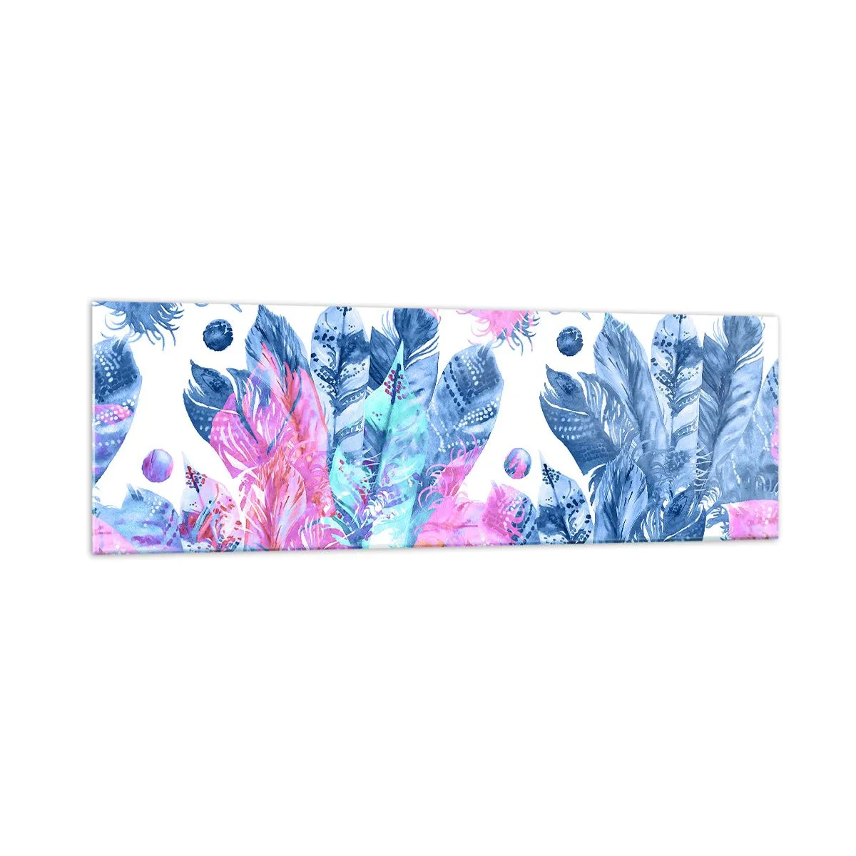 Obraz na szkle - Abstrakcyjny wzór z kolorowymi piórami w pastelowych odcieniach - 160x50cm - Pióropusze w różu i błękicie - Nowoczesna dekoracja ścienna do salonu i sypialni ARTTOR