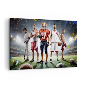 Obraz na płótnie - Dynamiczna scena sportowców różnych dyscyplin na stadionie w świetle reflektorów - 120x80cm - Gladiatorzy boisk - Nowoczesna dekoracja ścienna do salonu, kuchni i sypialni ARTTOR