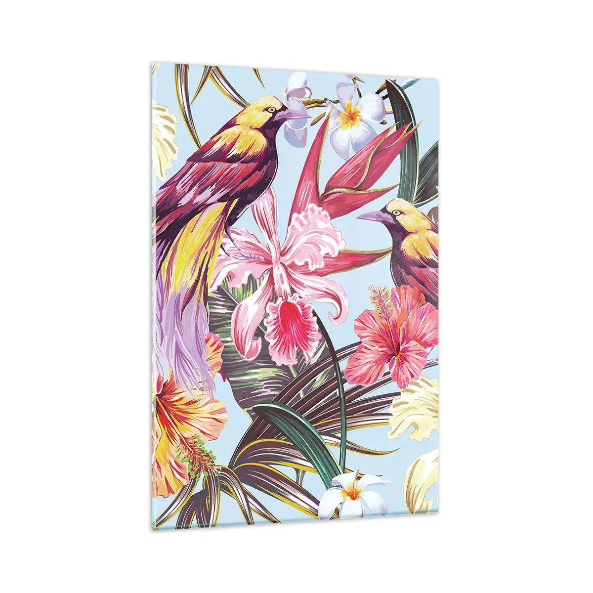 Obraz na szkle - Egzotyczne ptaki wśród tropikalnych kwiatów - 80x120cm - Płatki i piórka - Nowoczesna dekoracja ścienna do salonu i sypialni ARTTOR