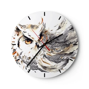 Zegar ścienny - Sowa o intensywnym spojrzeniu otoczona artystycznymi piórami - 30x30cm - Przybyła ze świata magii - Nowoczesna dekoracja ścienna do salonu, kuchni i sypialni ARTTOR