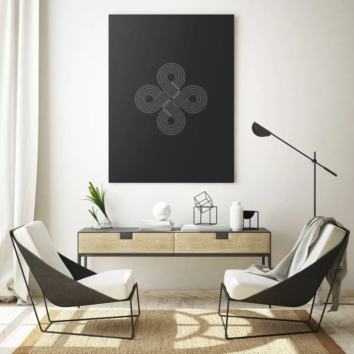 Obraz na szkle - Minimalistyczny biały symbol celtycki na czarnym tle - 50x70cm - W duchu celtyckim - Nowoczesna dekoracja ścienna do salonu, kuchni i sypialni ARTTOR