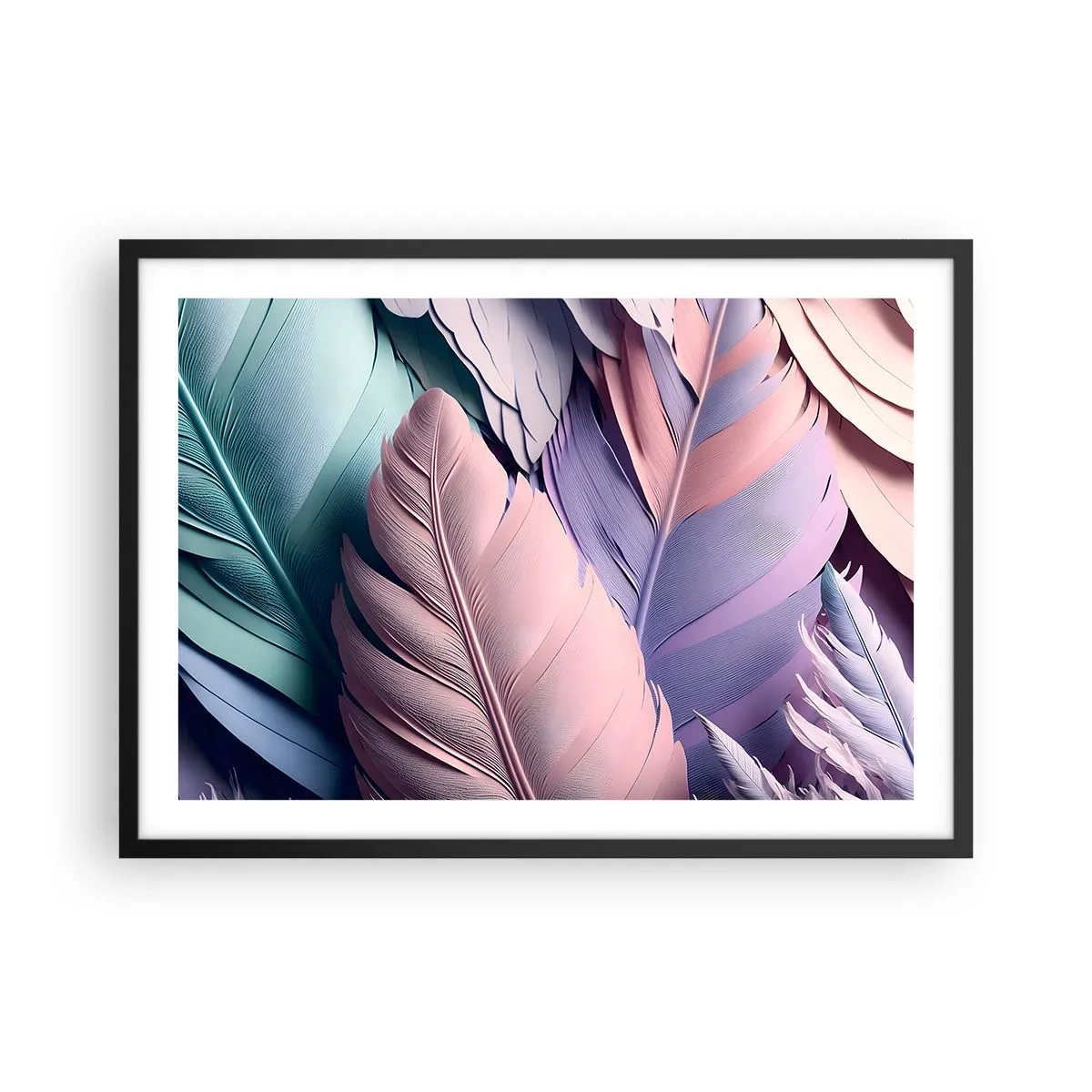Plakat w czarnej ramie - Kolorowe pióra w pastelowych odcieniach na jasnym tle - 70x50cm - Ptasi szyk - Nowoczesna dekoracja ścienna do salonu i sypialni ARTTOR