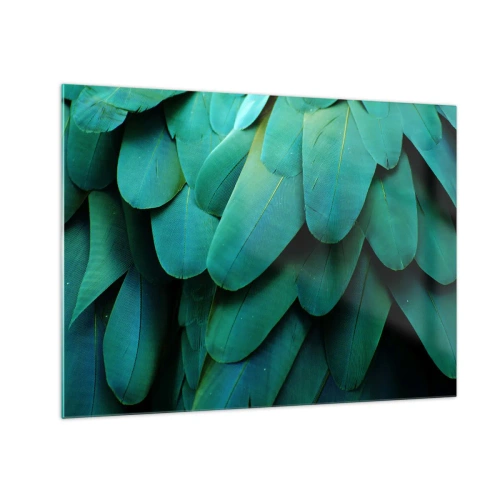 Obraz na szkle - Zbliżenie na zielone pióra papugi w intensywnym odcieniu - 70x50cm - Precyzja papuziej natury - Nowoczesna dekoracja ścienna do salonu i sypialni ARTTOR