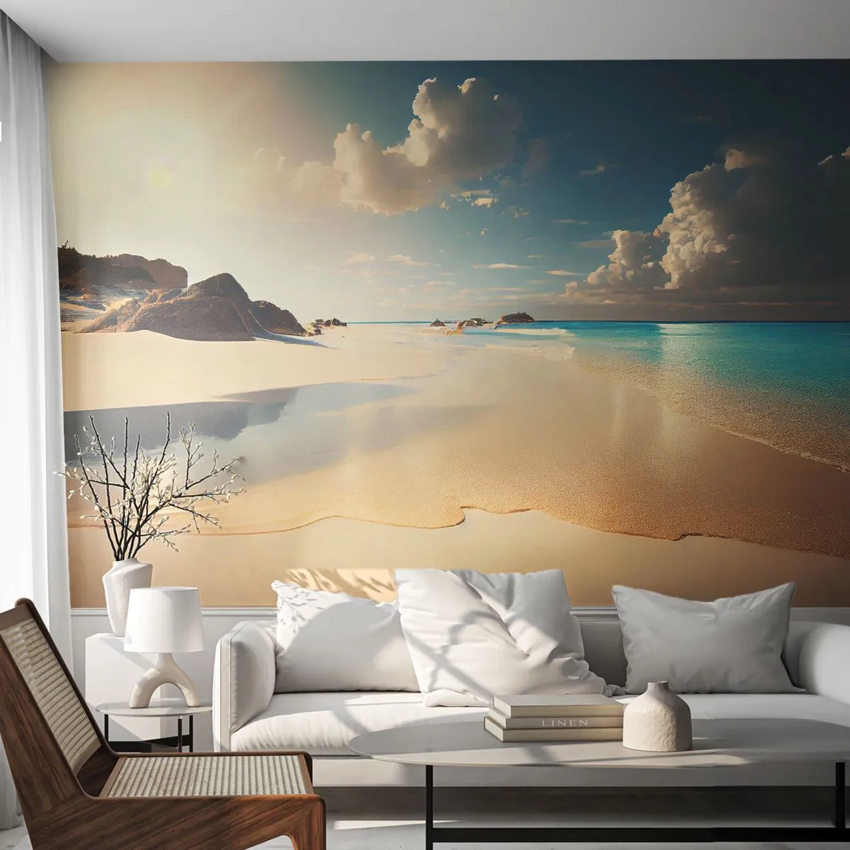 Fototapeta Premium Sand - Złocista plaża z turkusowym morzem i chmurami - 100x70cm - Wymarzony dzień - Nowoczesna dekoracja ścienna do salonu, kuchni i sypialni ARTTOR