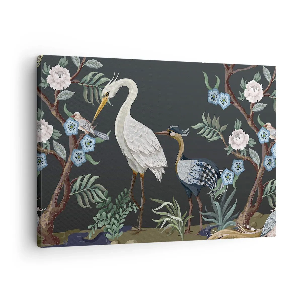 Obraz na płótnie - Malowane ptaki i rośliny na ciemnym tle o eleganckim wzorze - 70x50cm - Ptasia parada - Nowoczesna dekoracja ścienna do salonu i sypialni ARTTOR