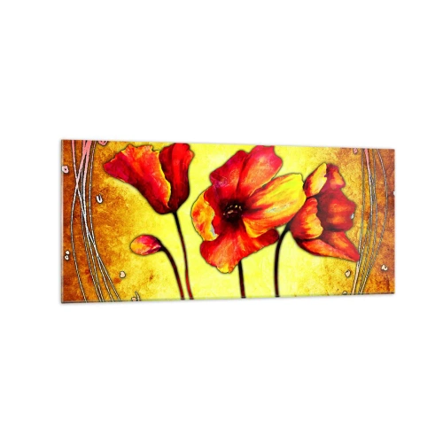 Obraz na szkle - Czerwone i żółte kwiaty na złotym tle z dekoracyjnymi wzorami - 120x50cm - W secesyjnej dekoracji - Nowoczesna dekoracja ścienna do salonu i sypialni ARTTOR