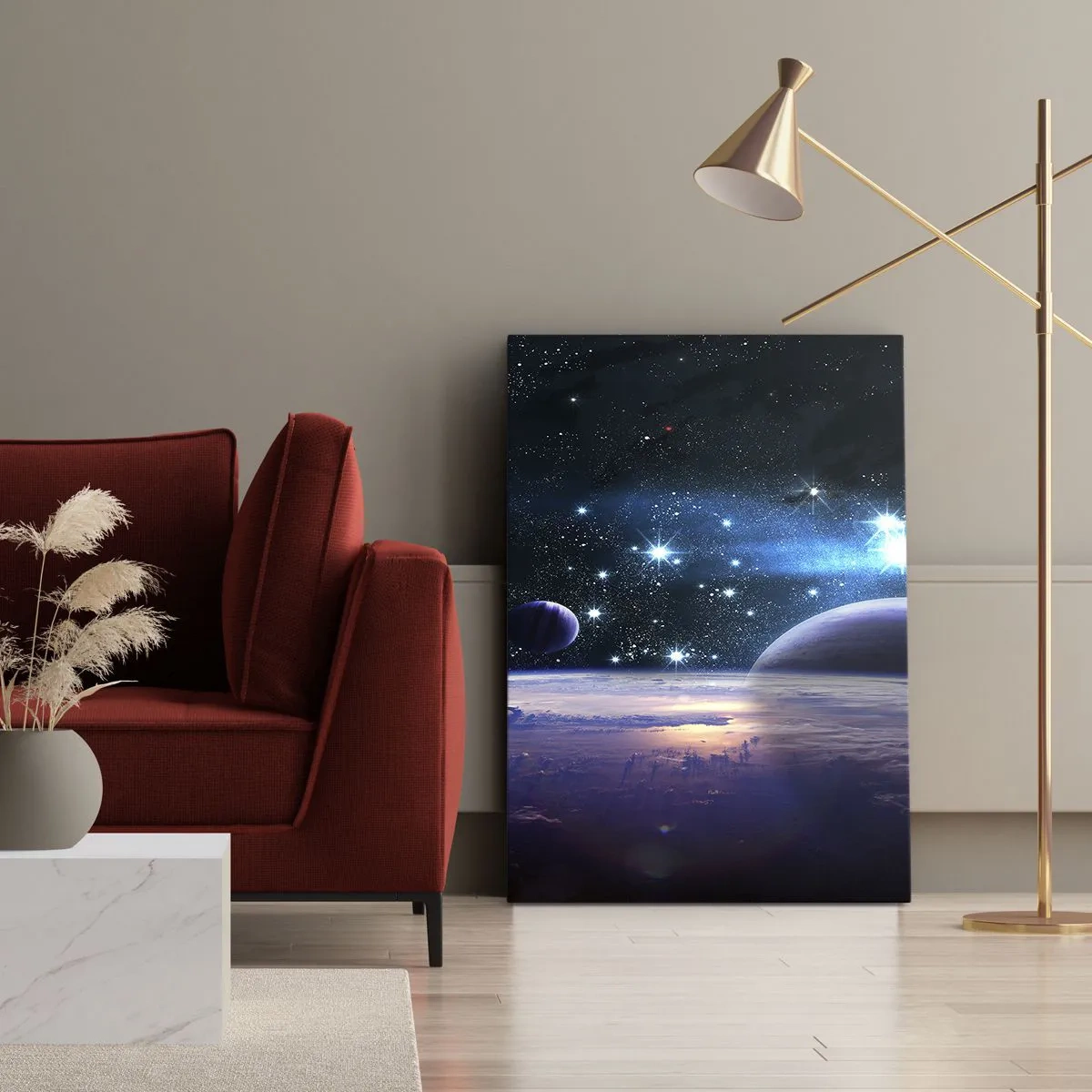 Obraz na płótnie - Kosmiczny pejzaż z planetami i gwiazdami - 50x70cm - Wciąż sami? - Nowoczesna dekoracja ścienna do salonu, kuchni i sypialni ARTTOR