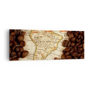 Obraz na płótnie - Mapa Ameryki Południowej otoczona ziarnami kawy - 140x50cm - Skąd pochodzi najlepsza kawa? - Nowoczesna dekoracja ścienna do salonu i sypialni ARTTOR