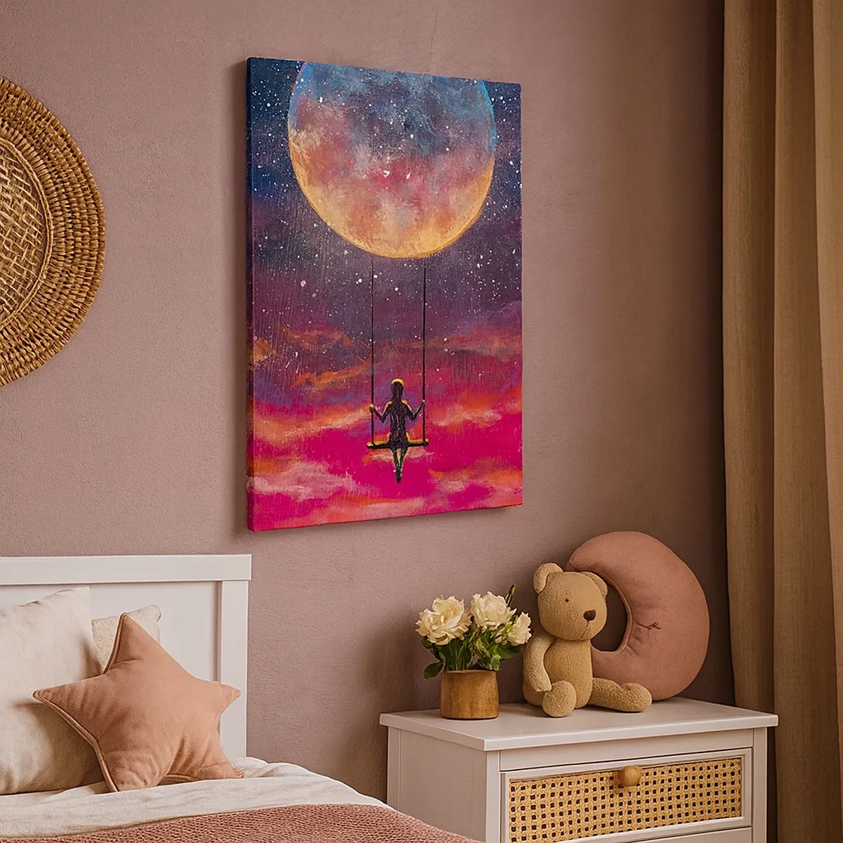 Obraz na płótnie - Postać na huśtawce pod wielkim księżycem na tle nocnego nieba - 50x70cm - Bujać w obłokach - Nowoczesna dekoracja ścienna do salonu, kuchni i sypialni ARTTOR