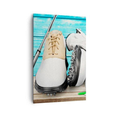 Obraz na płótnie - Zestaw akcesoriów golfowych na drewnianym tle - 80x120cm - Wszystko gotowe - Nowoczesna dekoracja ścienna do salonu i sypialni ARTTOR