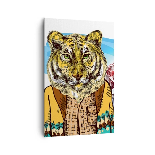 Obraz na płótnie - Tygrys w płaszczu na tle górskiego krajobrazu - 80x120cm - Nie taki dziki jak go rysują - Nowoczesna dekoracja ścienna do salonu i sypialni ARTTOR