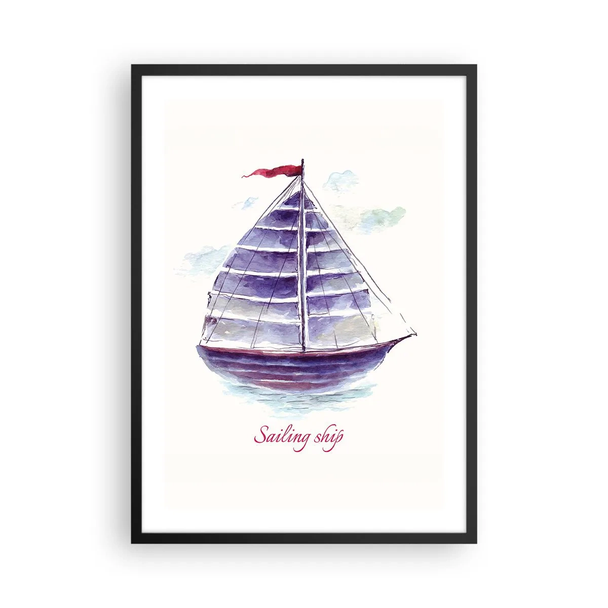 Plakat w czarnej ramie - Akwarelowa ilustracja żaglowca na spokojnej wodzie - 50x70cm - Pełnych żagli i spokojnej wody - Nowoczesna dekoracja ścienna do salonu i sypialni ARTTOR