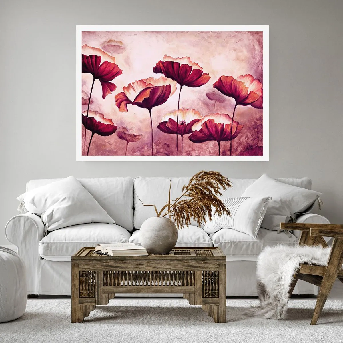 Plakat - Kwiaty w odcieniach czerwieni i bieli na subtelnym tle - 100x70cm - Płatek czerwony i biały - Nowoczesna dekoracja ścienna do salonu i sypialni ARTTOR