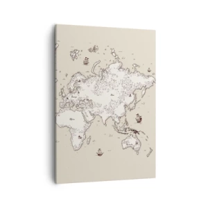 Obraz na płótnie - Mapa świata w stylu vintage z ilustracjami - 50x70cm - Podróż dookoła świata - Nowoczesna dekoracja ścienna do salonu, kuchni i sypialni ARTTOR