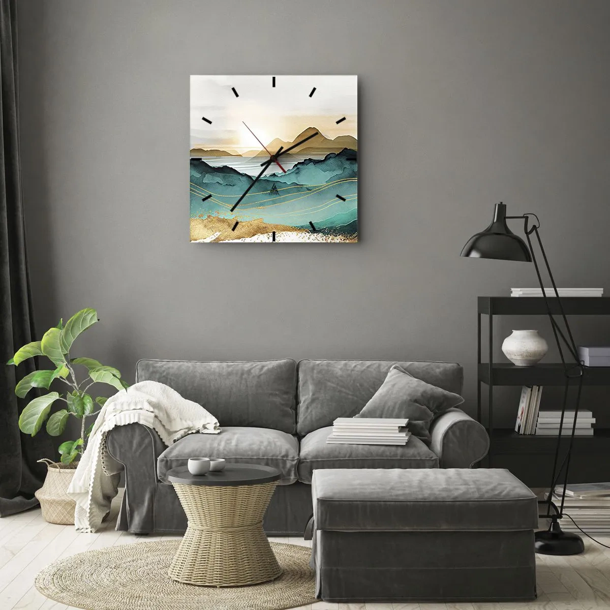 Zegar ścienny - Abstrakcyjny pejzaż z górami i złotymi akcentami - 30x30cm - Na granicy abstrakcji – pejzaż - Nowoczesna dekoracja ścienna do salonu i sypialni ARTTOR