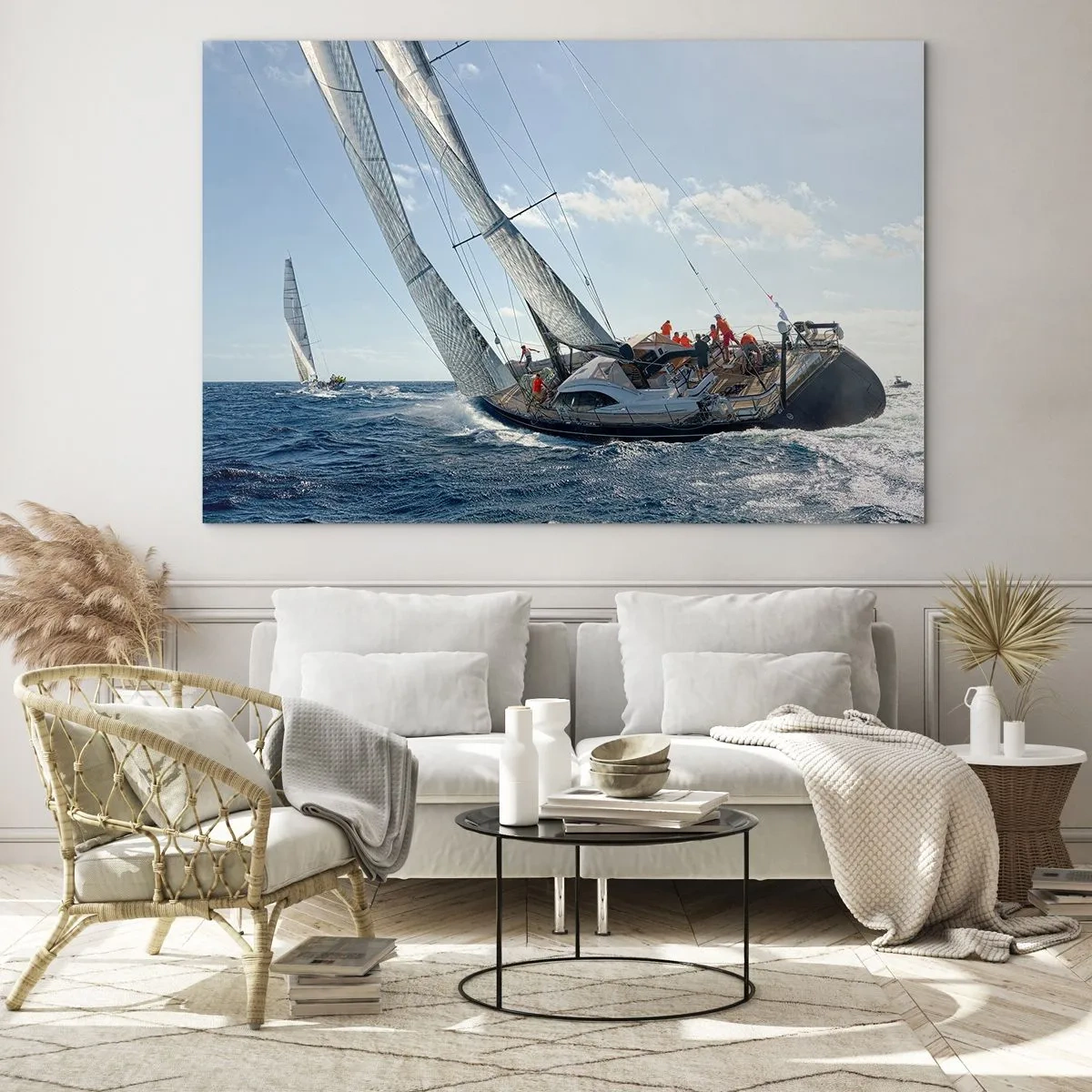 Obraz na szkle - Regatowe jachty na otwartym morzu z wiatrem w żaglach - 70x50cm - Niech zwycięży lepszy - Nowoczesna dekoracja ścienna do salonu i sypialni ARTTOR