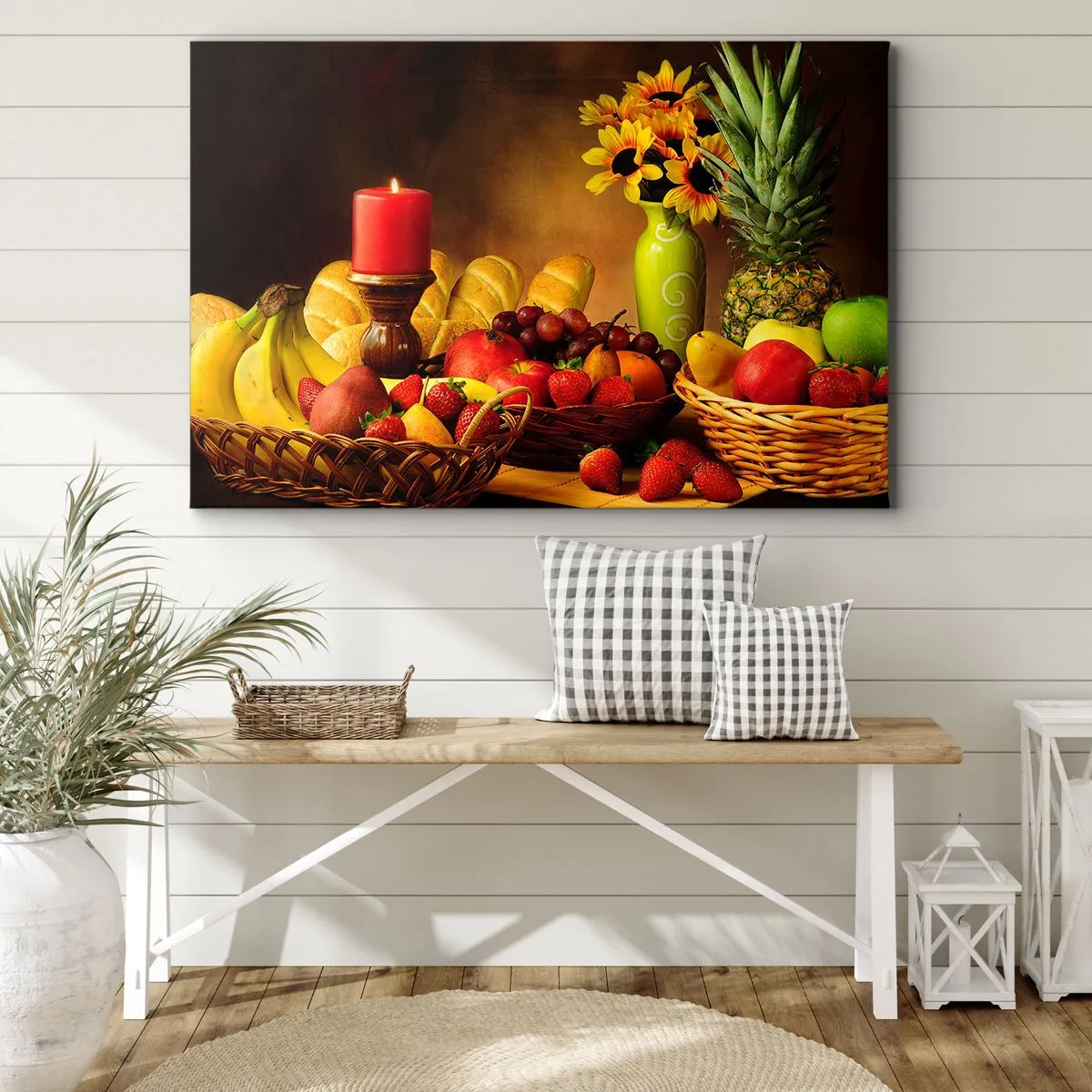 Obraz na płótnie - Martwa natura z owocami, chlebem, świecą i kwiatami - 70x50cm - Martwa natura z pieczywem i owocami - Nowoczesna dekoracja ścienna do salonu i sypialni ARTTOR