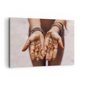 Obraz na płótnie - Dłonie z brokatem w ciepłych odcieniach na zbliżeniu - 120x80cm - Dar dla ciebie - Nowoczesna dekoracja ścienna do salonu, kuchni i sypialni ARTTOR