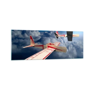 Obraz na szkle - Dwa drewniane samoloty szybujące nad chmurami na tle błękitnego nieba - 140x50cm - Jeszcze wyżej, jeszcze dalej - Nowoczesna dekoracja ścienna do salonu i sypialni ARTTOR
