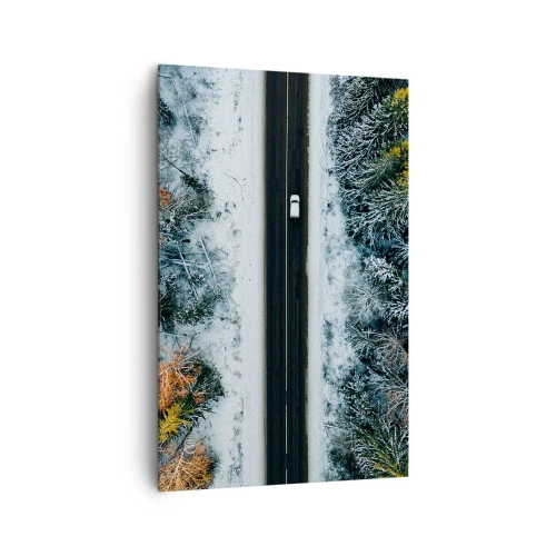 Obraz na płótnie - Droga przez zimowy las widziana z lotu ptaka - 80x120cm - Przeciąć zimowy las - Nowoczesna dekoracja ścienna do salonu i sypialni ARTTOR