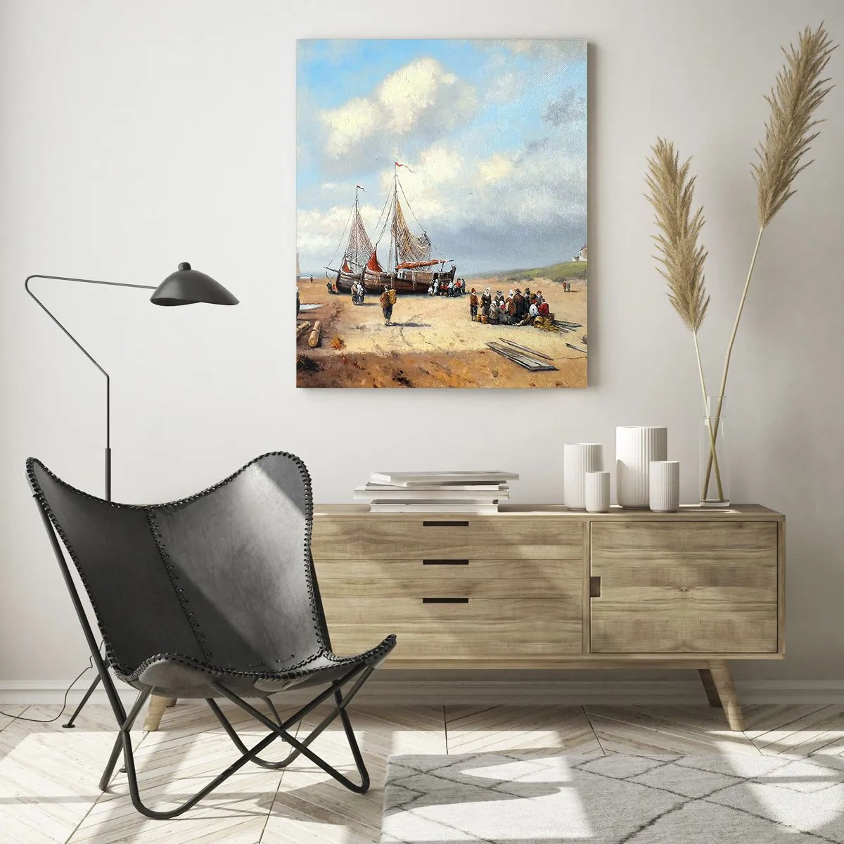 Obraz na szkle - Scena na plaży z łodziami rybackimi i ludźmi po połowie - 50x70cm - Po udanym połowie - Nowoczesna dekoracja ścienna do salonu, kuchni i sypialni ARTTOR
