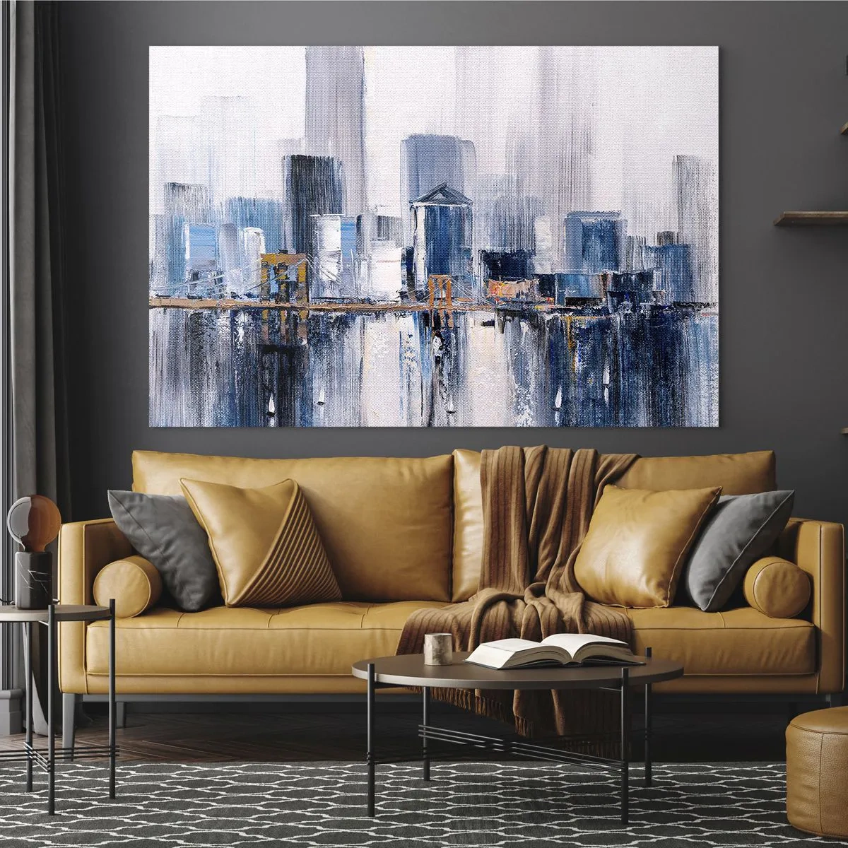 Obraz na szkle - Abstrakcyjna panorama miasta z wieżowcami i mostem w chłodnych barwach - 70x50cm - Nowojorska impresja - Nowoczesna dekoracja ścienna do salonu i sypialni ARTTOR
